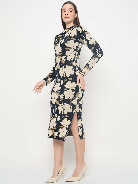 Madame Floral Print Black Knitted Midi Dress