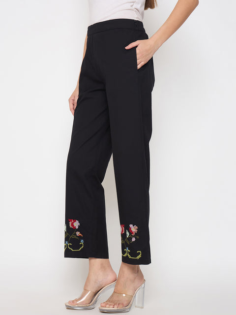 Madame Floral Embroidery Wide Leg Black Cotton Trousers