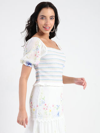 Madame Chiffon Smoking Contrast Threads Printed White Top