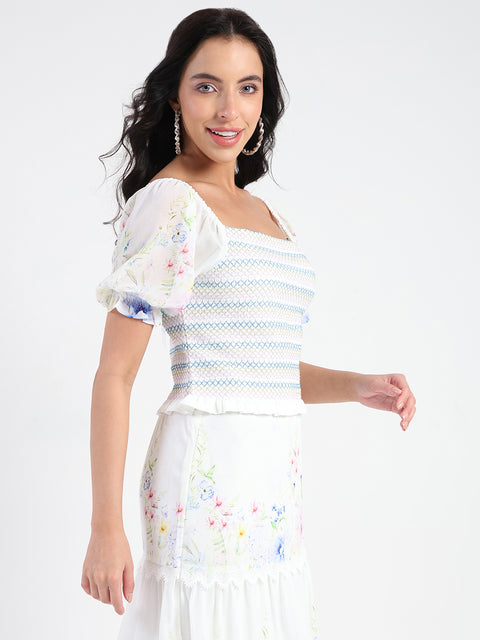 Madame Chiffon Smoking Contrast Threads Printed White Top