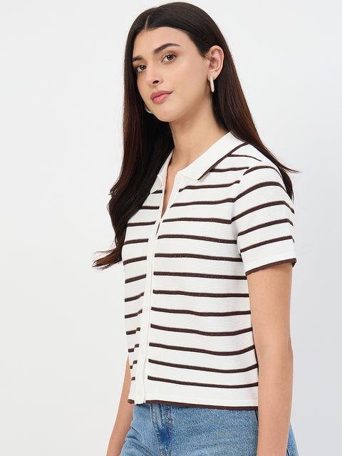 Madame Coffee Striped Cotton Polo Knit T-Shirt