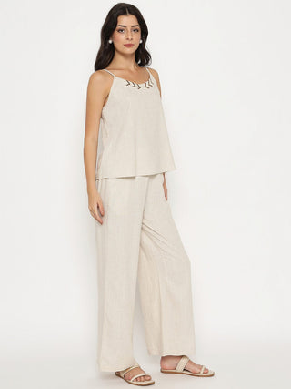 Madame Sleeveless Top and Straight Bottom Beige Co-ord Set