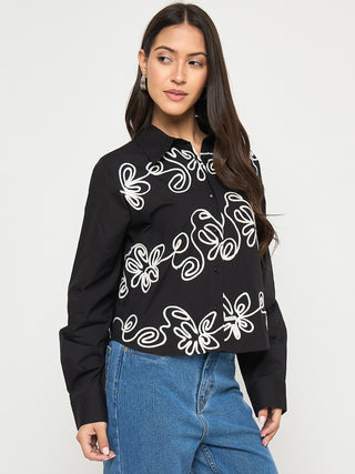 Madame Dori Embroidery Detailed Solid Black Cotton Shirt