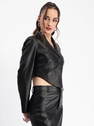 Madame Solid Black Buttoned Faux Leather Crop Top