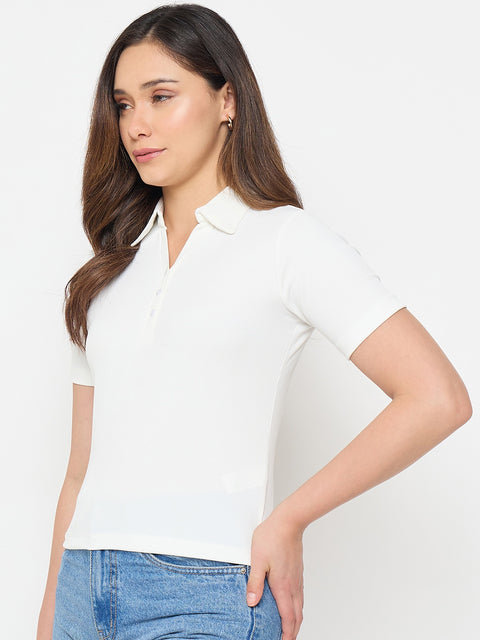 Madame White Solid Polo T-Shirt