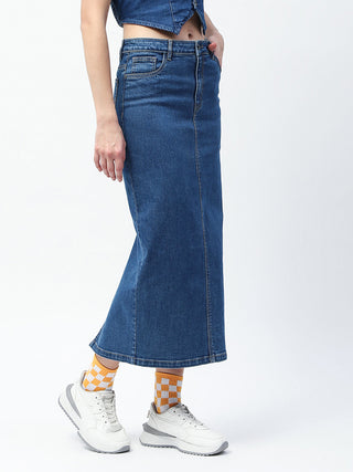 Madame Solid Mid Blue Cotton Blend Maxi Denim Skirt