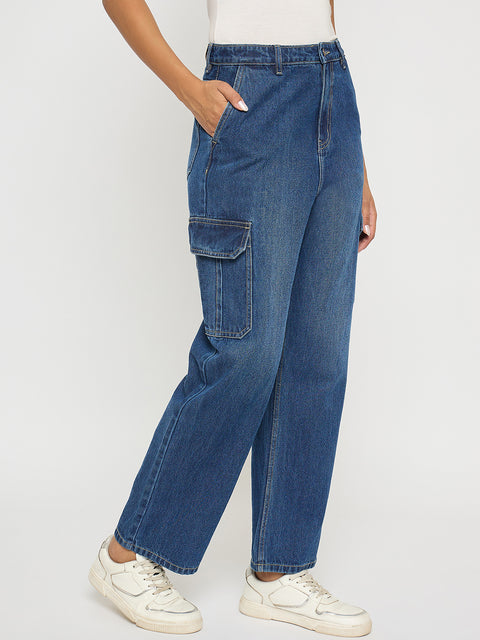 Madame Wide Leg Dark Blue Cotton Denim Cargo