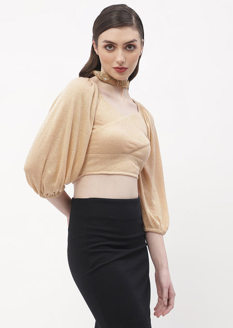 Madame Sweetheart Neck Beige Shimmery Crop Top