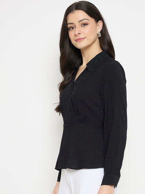 Madame Black Rayon Blend Peplum Shirt Top