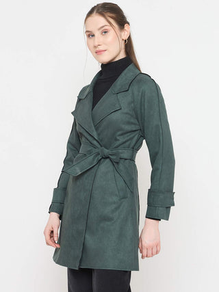 Madame Teal Trench Coat with Notched Lapel Neckline and Belt