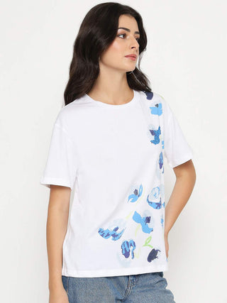 Madame Abstract Print Half Sleeve White Cotton T-shirt