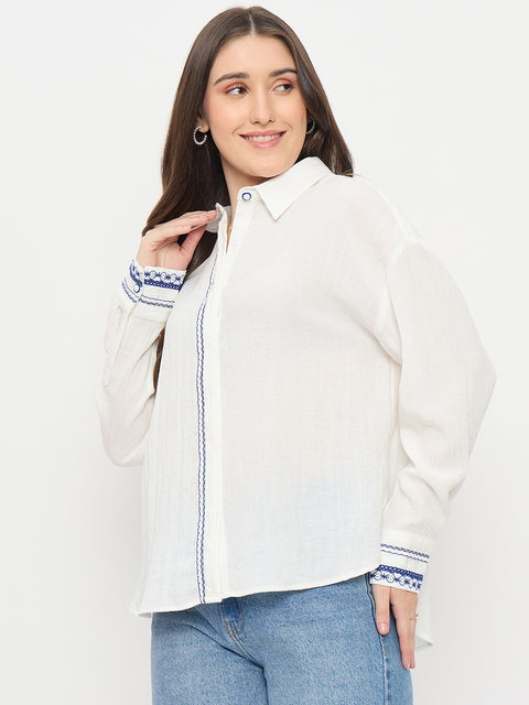 Madame White Textured Rayon Full Sleeve Shirt