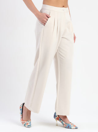 Madame Pleat Detailed Solid Beige Straight Trousers