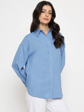 Madame Linen Blend Solid Cobalt Blue Shirt