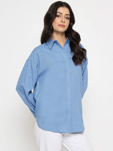Madame Linen Blend Solid Cobalt Blue Shirt