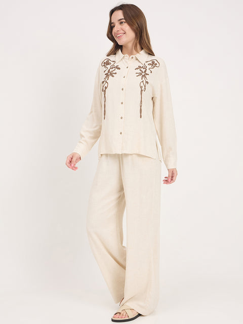 Madame Beige Embroidered Rayon Linen Full Sleeve Shirt