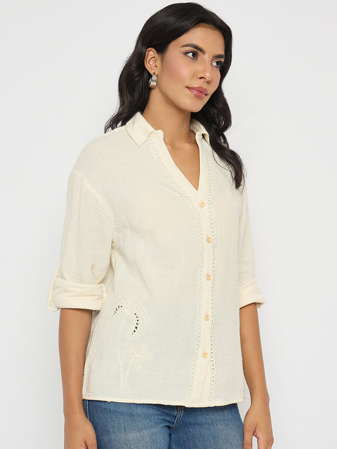 Madame Solid Off- White Cotton Shirt