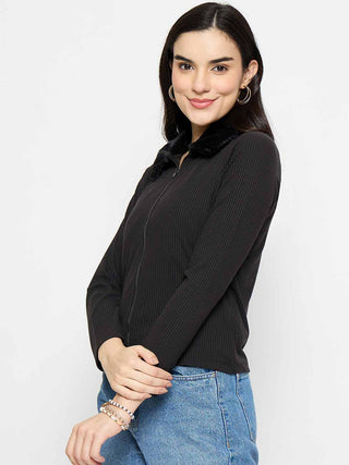 Madame Fur Trimmed Black Zipped Top