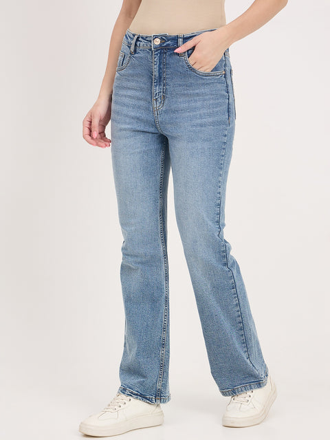 Madame Light Blue Cotton Flared Double Wash Jeans