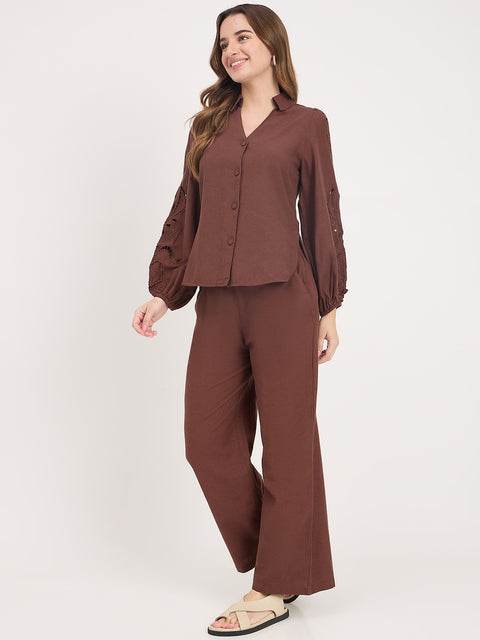 Madame Brown Cotton Rayon V-Neck Bishop Sleeve Co-ord Set