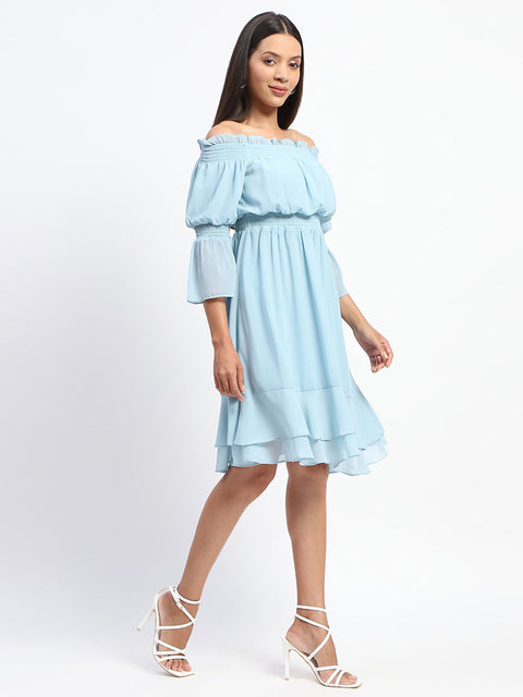 Madame Off Shoulder Cinched Waist Aqua Blue Midi Dress