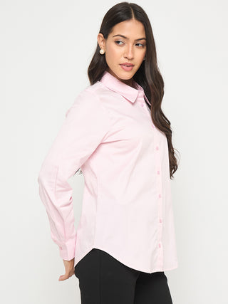 Madame Buttoned Front Solid Cotton Blend Baby Pink Shirt