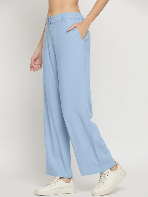 Madame Blue Rayon Linen Straight Fit Ankle Trousers