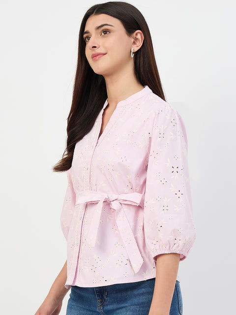 Madame Pink Belted Cotton Mandarin-Collar Top