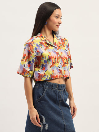 Madame Graphic Print Cotton Purple Cropped Shirt