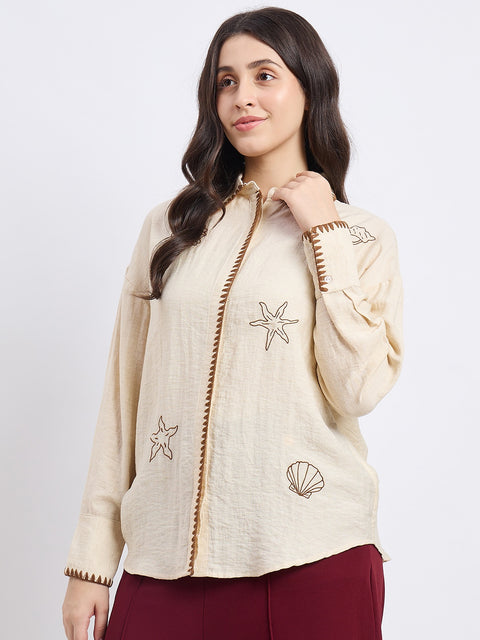 Madame Beige Rayon Linen Blend Shirt