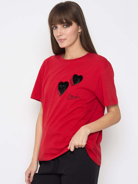 Madame Graphic Print Swarovski Detailed Red T-shirt