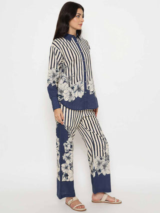 Madame Floral Print Top and Bottoms Striped Navy Blue Co-ord Set