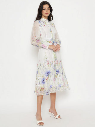 Madame Floral Print Belted White Shirt Dress