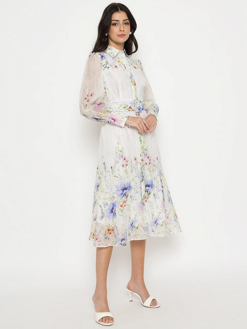 Madame Floral Print Belted White Shirt Dress
