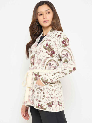 Madame Printed Beige Shrug with Belt