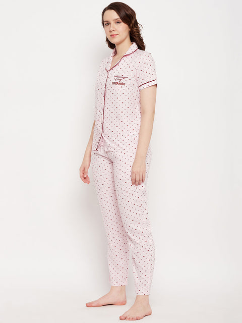 mSECRET Pink Star Printed Lapel Collared Nightsuit