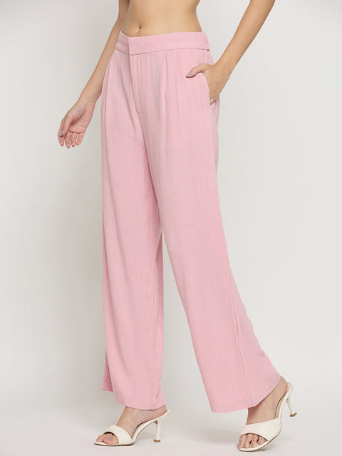 Madame Pink Rayon Linen Relaxed Fit Full Length Trousers