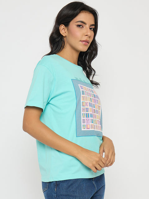 Madame Embroidered Graphic Print Cotton Aqua Blue T-Shirt