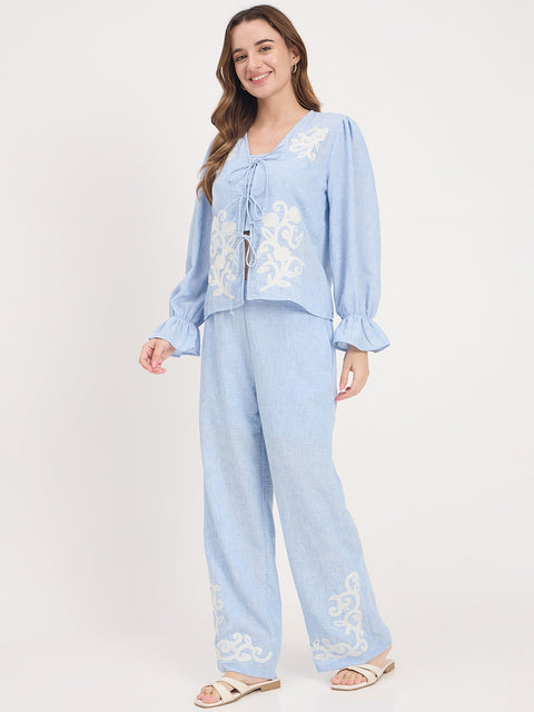 Madame Blue Embroidered Frill Co-ord Set