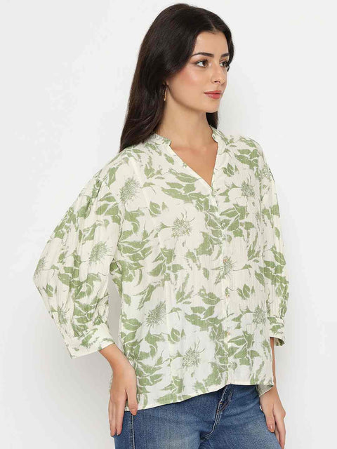 Madame Botanical Print Green Rayon Blend Top