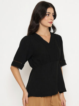 Madame V Neck Black Peplum Top