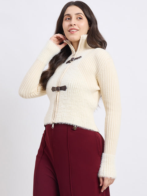 Madame Bow Accented High Neck Beige Sweater