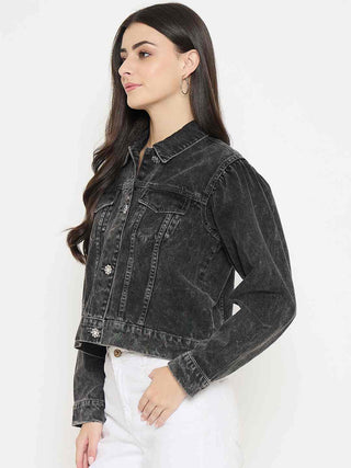 Madame Gray Wash Embellished Black Denim Jacket