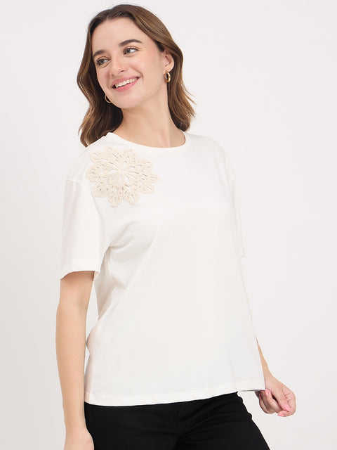 Madame Off White Embroidered Cotton Round Neck T-Shirt