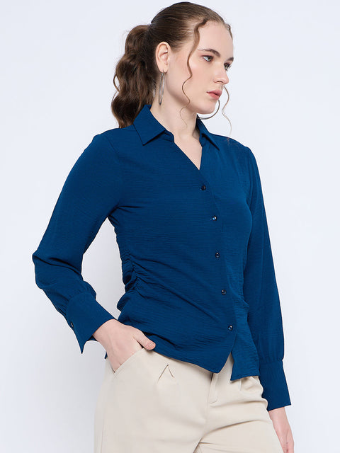 Madame Button Down Wing Necked Side Ruched Solid Teal Shirt