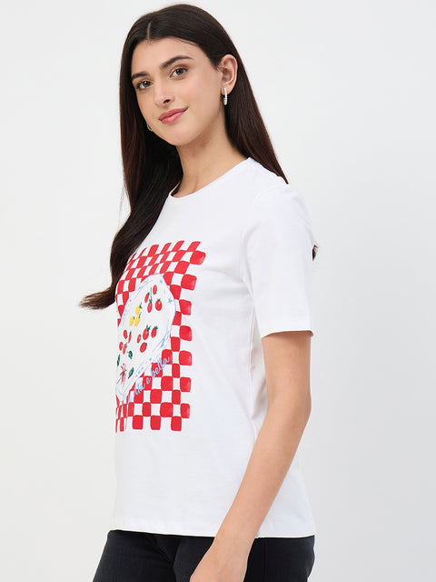 Madame White Printed Crew Neck Cotton T-Shirt