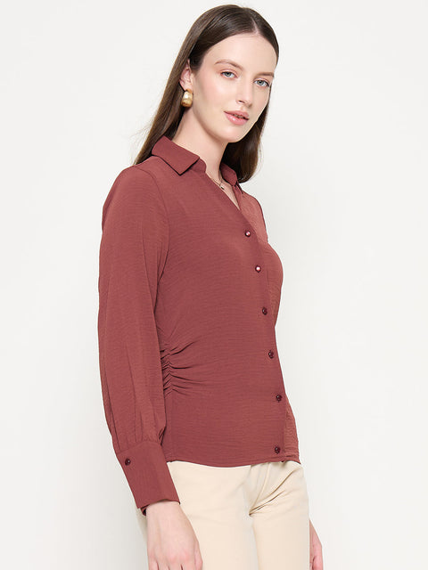 Madame Button Down Wing Necked Side Ruched Solid Brown Shirt