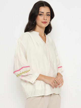 Madame Rayon Blend Dori Embroidered Off White Top