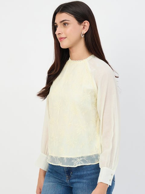 Madame Butter Yellow Embroidered Bishop-Sleeve Viscose Top