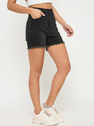 Madame Frayed Hem Charcoal Black Cotton Blend Denim Shorts